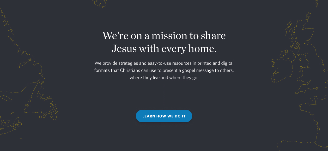 A screenshot of the hero section  of a website. The text in the hero section is centred. Its contents are not relevant. To the left and right of the text are line-art renditions of a world map, in which you can see outlines of the east coast of North America and the west coast of Europe. The text in the hero section is floating above the ocean.