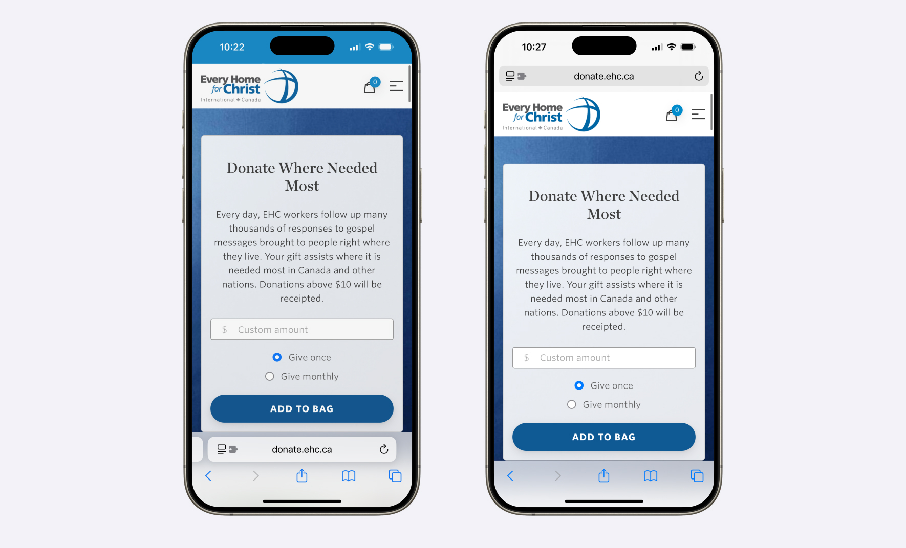 Two screenshots of the e-commerce page on a non-profit's website in Safari on iOS 18. In the left screenshot, Safari uses the multi-tab view. In the right screenshot, Safari uses the single-tab view.