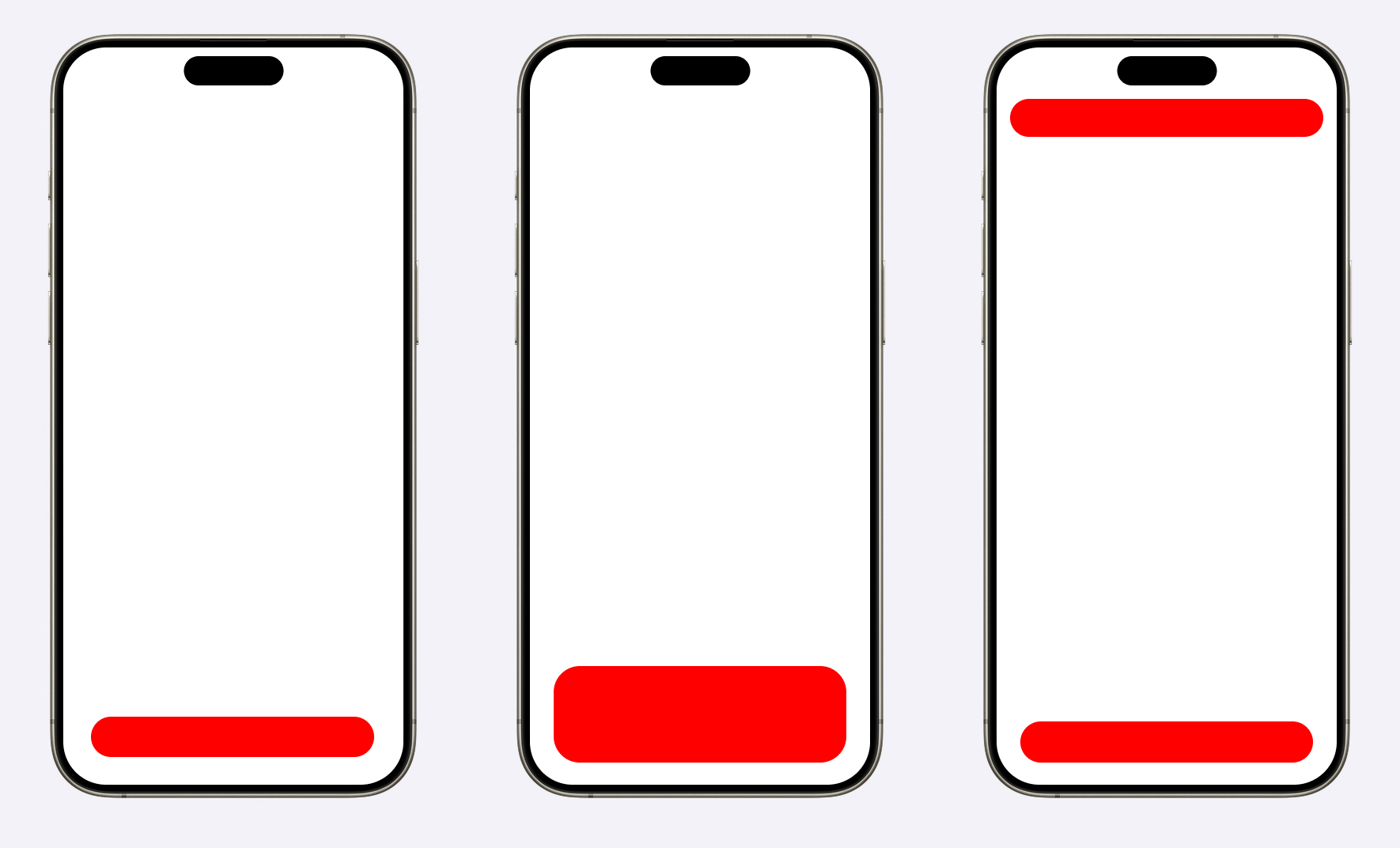 This is like the mockups above of Safari in iOS 26, except there is no screenshot. It's just device mockups with red pill shapes where Safari's UI is in each of the three examples (which is so low-contrast as to be barely visible otherwise).