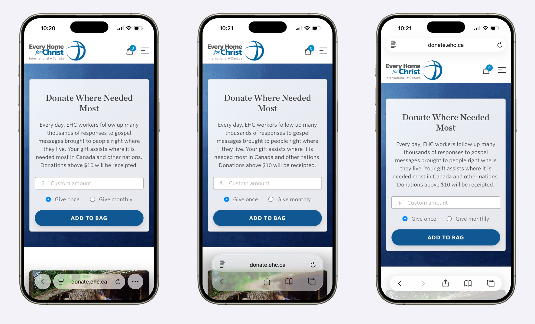 Three screenshots of the e-commerce page on a non-profit's website in Safari on iOS 18. In the left screenshot, Safari uses the default view. In the middle screenshot, Safari has more controls on the bottom. In the right screenshot, Safari's controls are split between the top and bottom of the viewport.