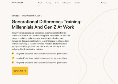 A screenshot of a website page header above the fold. The headline says: "Generational Differences Training: Millenials and Gen Z at work".