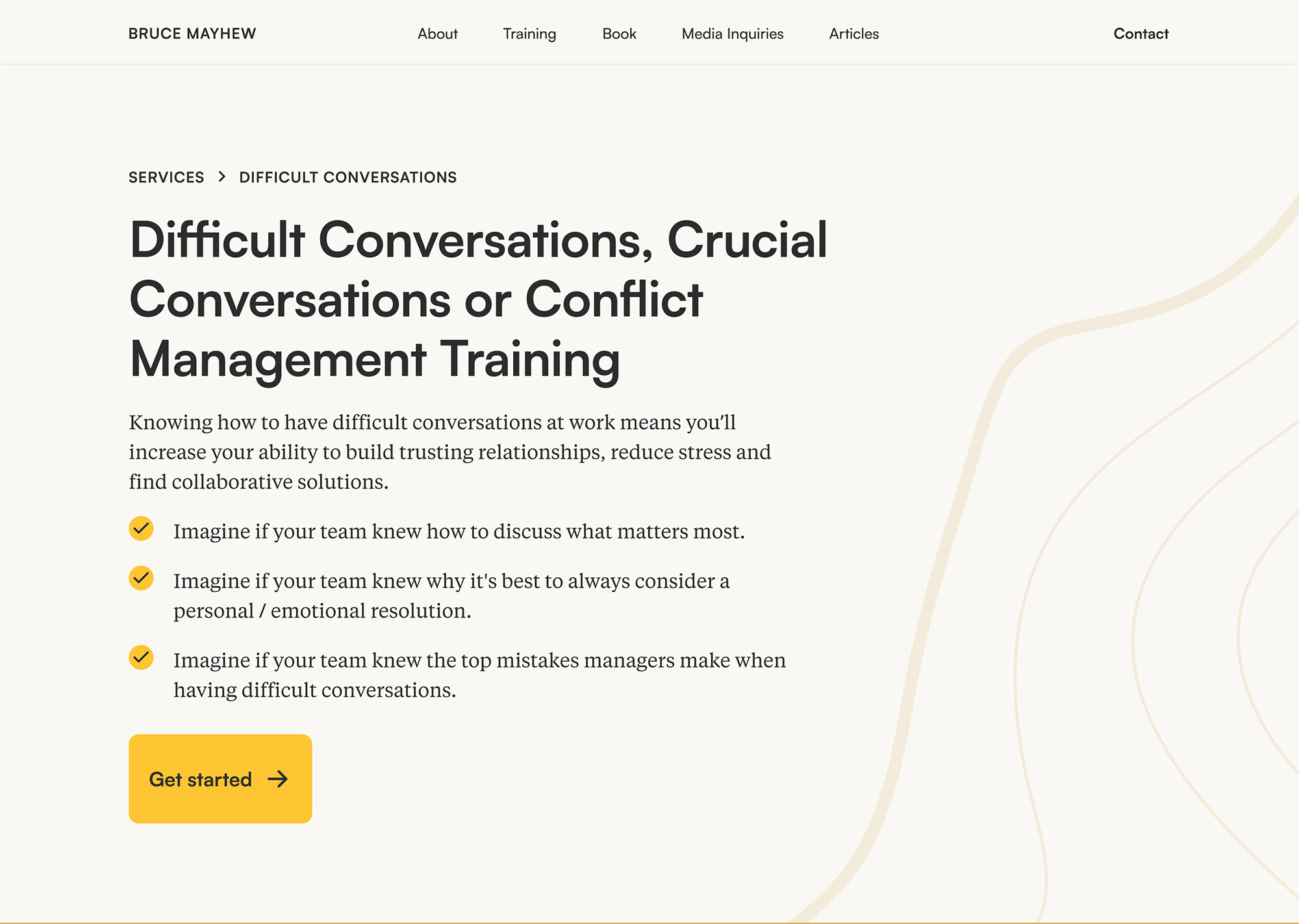 A screenshot of a website page header above the fold. The headline says: "Difficult Conversations, Crucial Conversations, or Conflict Management Training".