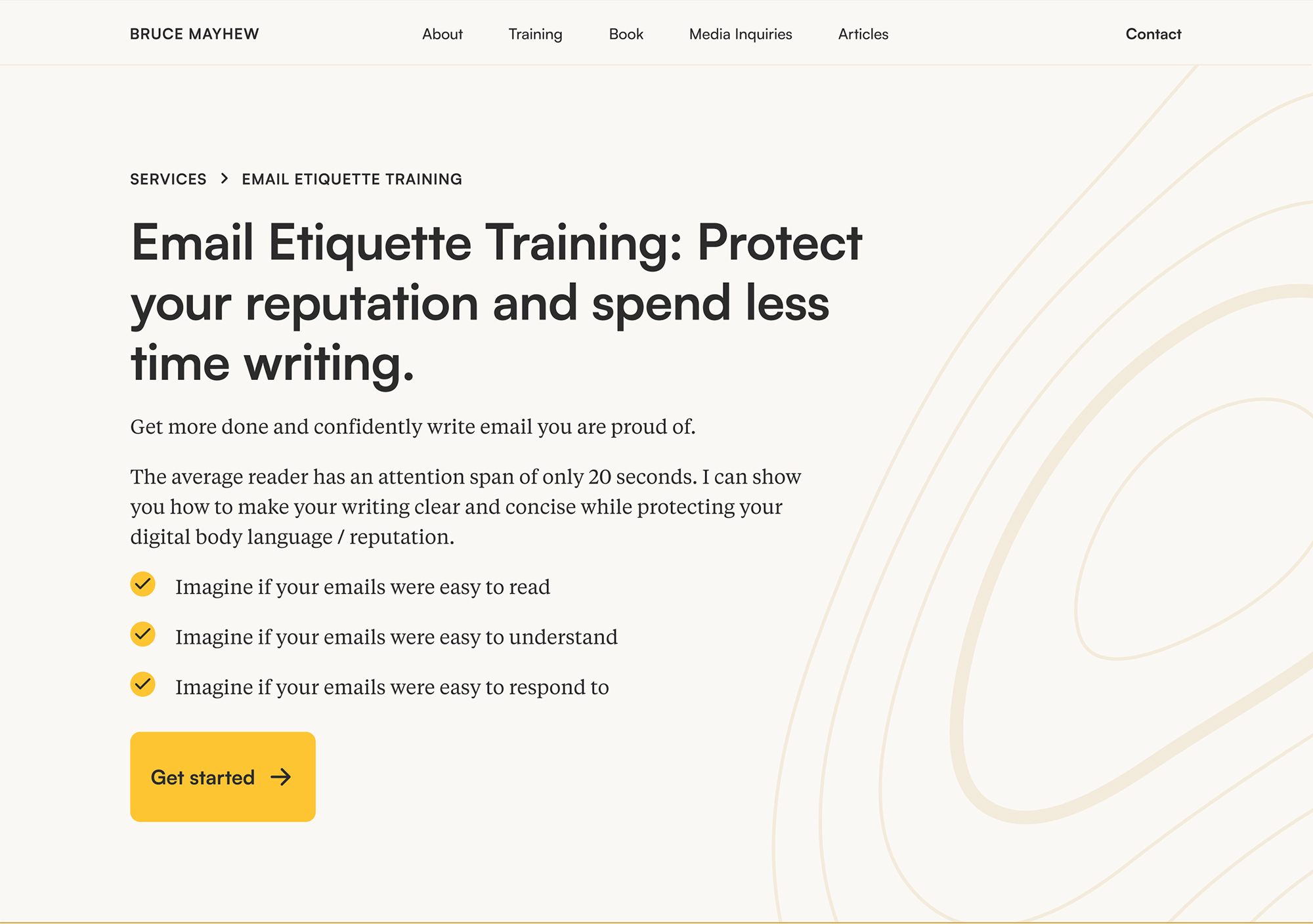 A screenshot of a website page header above the fold. The headline says: "Email Etiquette Training: Protect your reputation and spend less time writing".