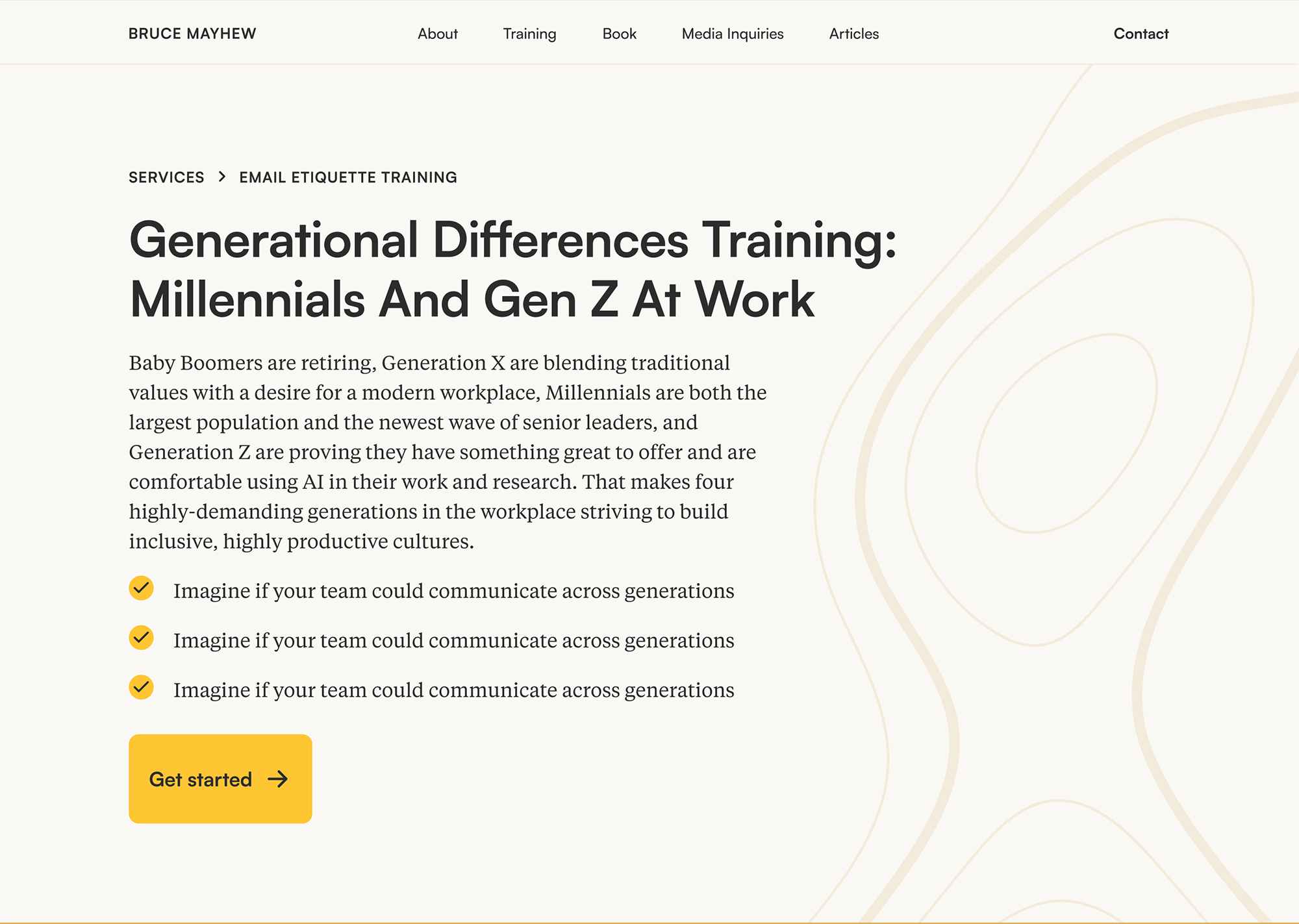 A screenshot of a website page header above the fold. The headline says: "Generational Differences Training: Millenials and Gen Z at work".