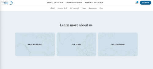 Three tiles underneath "Learn more about us" on the EHC website. One tile says "What we believe." The next says "Our story." The third and final says "Our leadership."