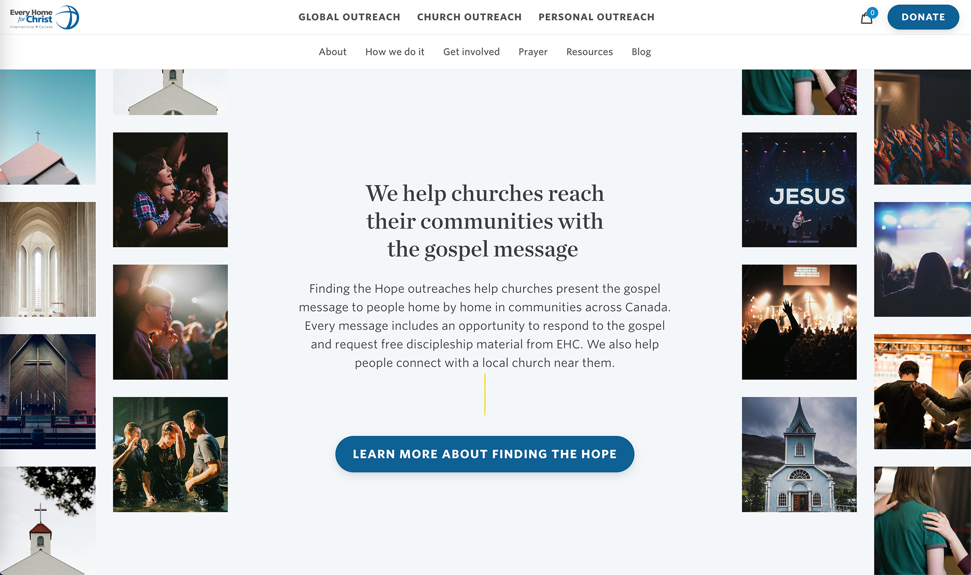 An example of a church section on  the EHC website. There is text in the middle and two collages, one on either side of the text.