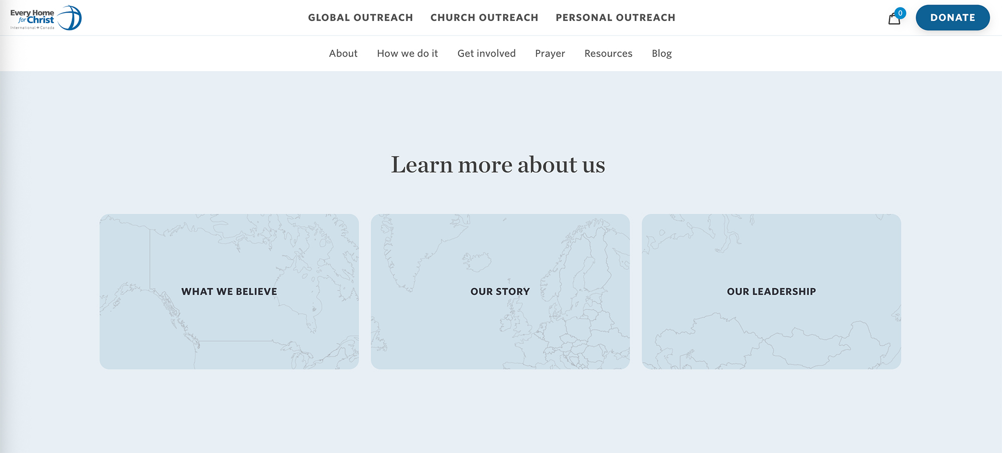 Three tiles underneath "Learn more about us" on the EHC website. One tile says "What we believe." The next says "Our story." The third and final says "Our leadership."