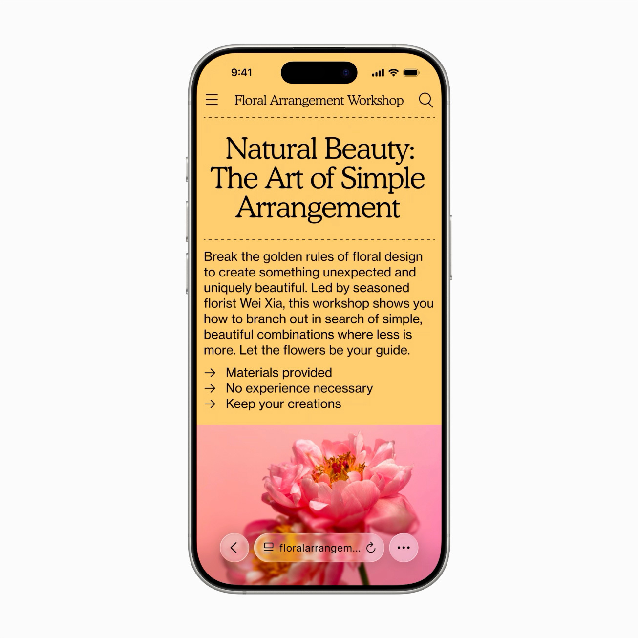 A marketing image from Apple's website. This is a screenshot of a floral arrangement website that demonstrates the new UI.