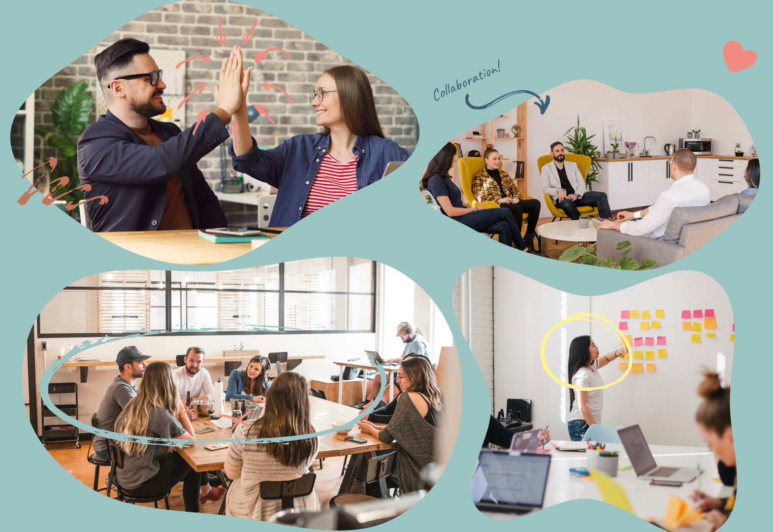 A collage of images. The images have illustrations over top of them, as though somebody cheekily marked them up with highlighters.