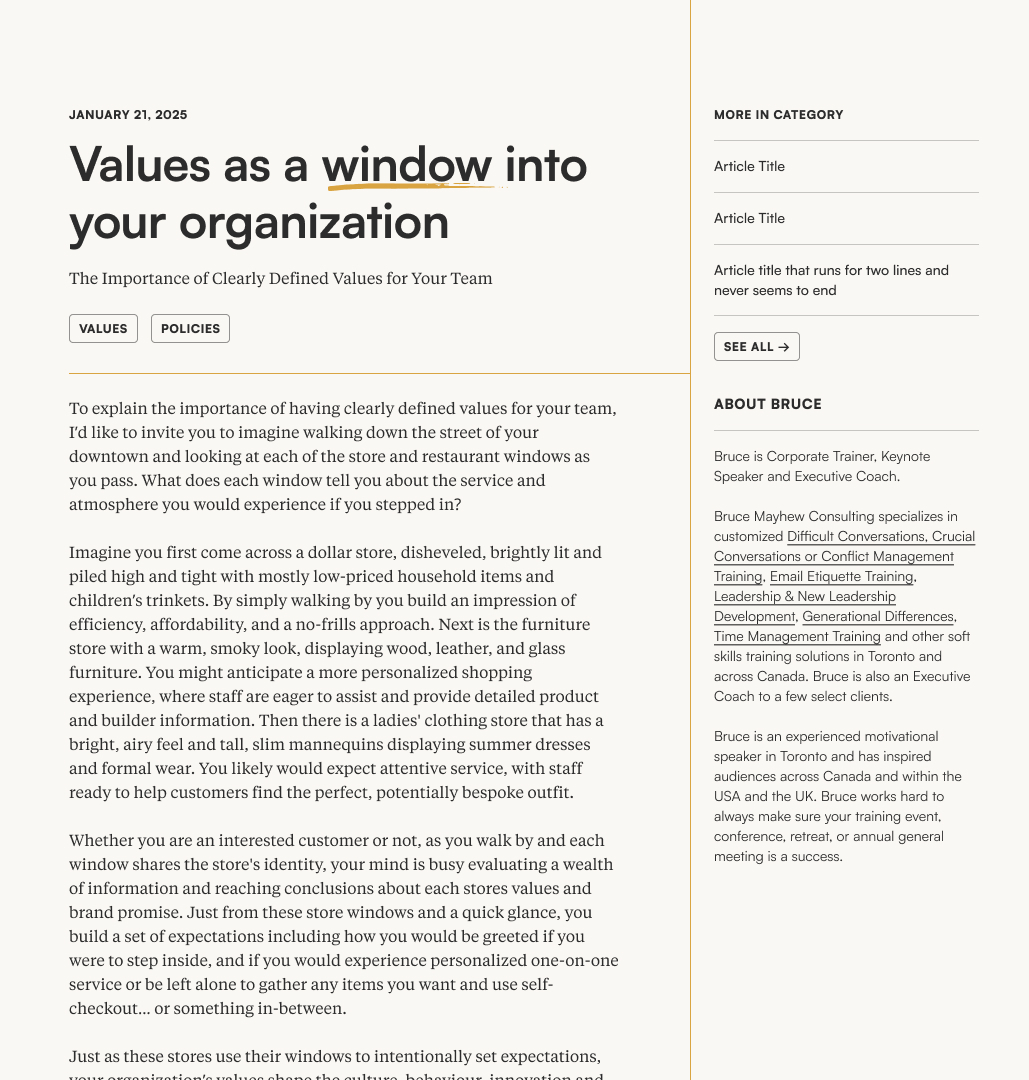 A closeup screenshot from a multi-column blog post layout in the first Bruce Mayhew stylescape.