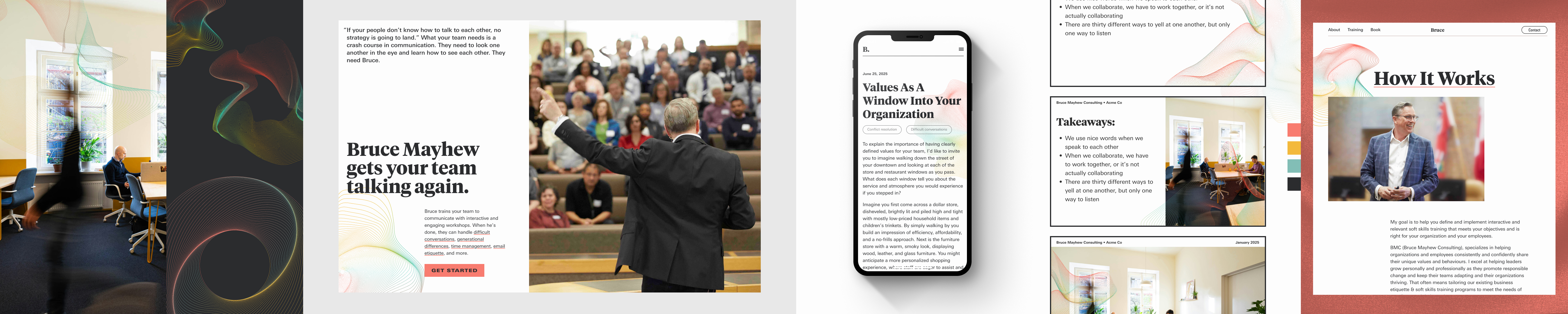 This stylescape for Bruce is focused on multicoloured lines that wave throughout and sit on top of pictures. It's a very hyper-modern looking approach.