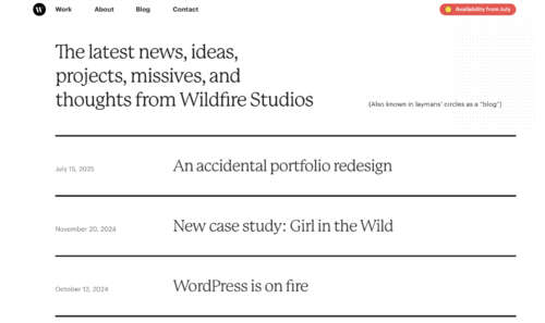 A screenshot of the blog page of the Wildfire Studios website. The heading says "The latest news, ideas, projects, missives, and thoughts from Wildfire Studios." The subheading says "(Also known in laymans' circles as a 'blog'.)"