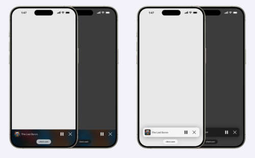 There are four iPhones in this image. The two on the left are showing an old miniplayer design on iOS 26. It's colourful, but hard to see. The two on the right are showing a new miniplayer design. It's less colourful, but it pops and it's much easier to see when using iOS 26.