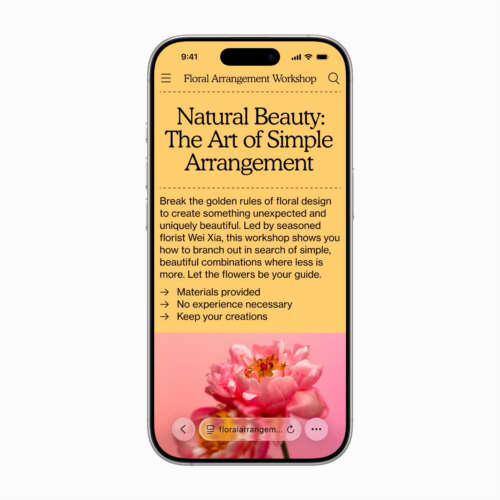 A marketing image from Apple's website. This is a screenshot of a floral arrangement website that demonstrates the new UI.
