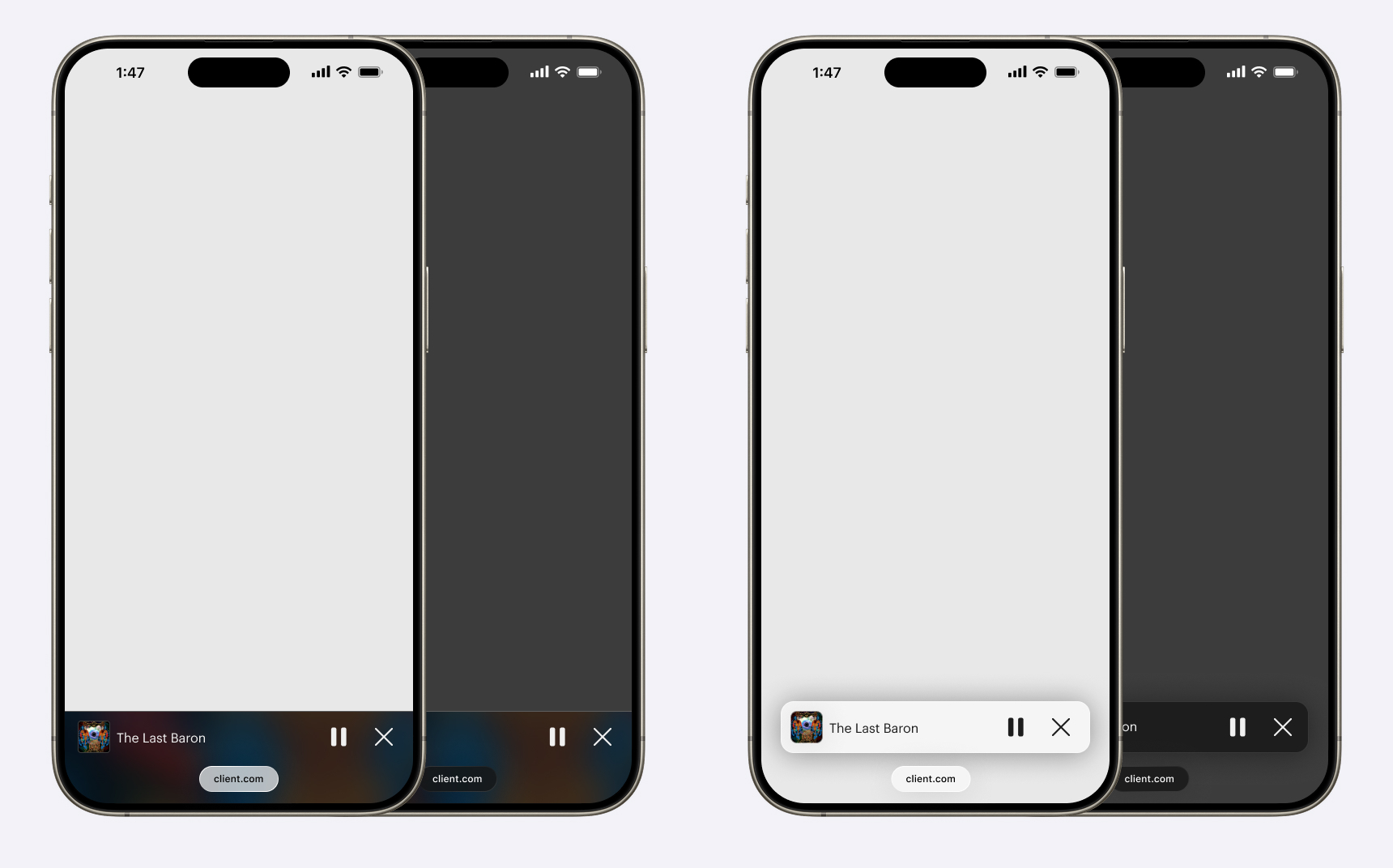 There are four iPhones in this image. The two on the left are showing an old miniplayer design on iOS 26. It's colourful, but hard to see. The two on the right are showing a new miniplayer design. It's less colourful, but it pops and it's much easier to see when using iOS 26.