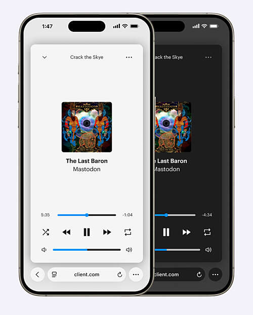 Two mockups of a redesigned expanded miniplayer, one in light mode and one in dark mode. The mockups are presented on two iPhones.
