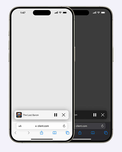 Two iPhone mockups demonstrating the new miniplayer design in Safari on iOS 18. One of the screenshots is in light mode and the other is in dark mode.