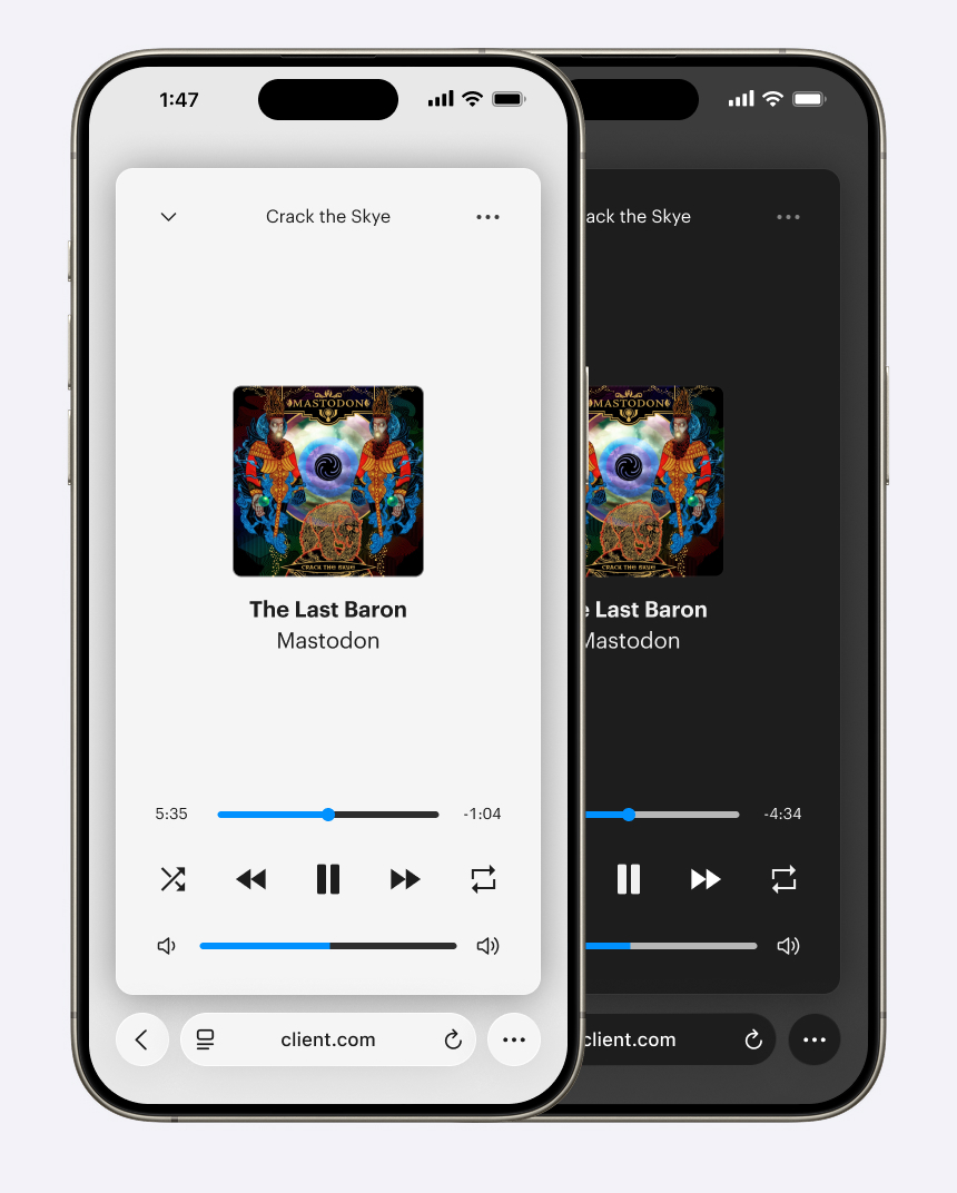 Two mockups of a redesigned expanded miniplayer, one in light mode and one in dark mode. The mockups are presented on two iPhones.