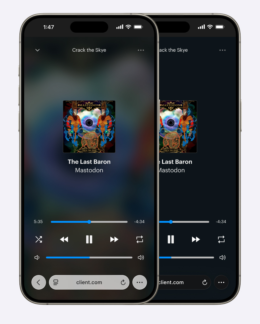 Two mockups of the expanded miniplayer, presented in light and dark mode on two iPhones.