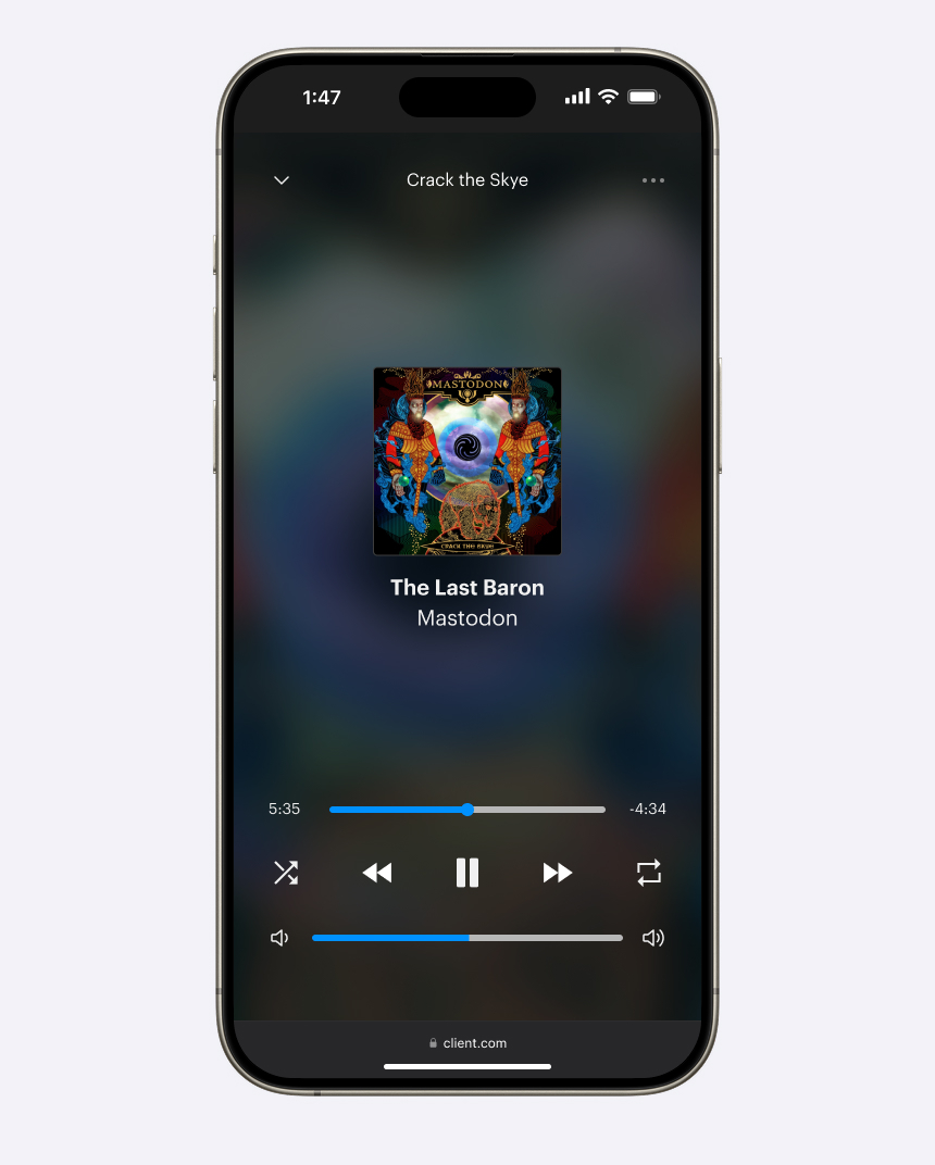 A mockup of a website on an iPhone. The iPhone is in dark mode. The mockup is a mini player, with controls for play/pause, next track, previous track, volume, a scrubber, and more.