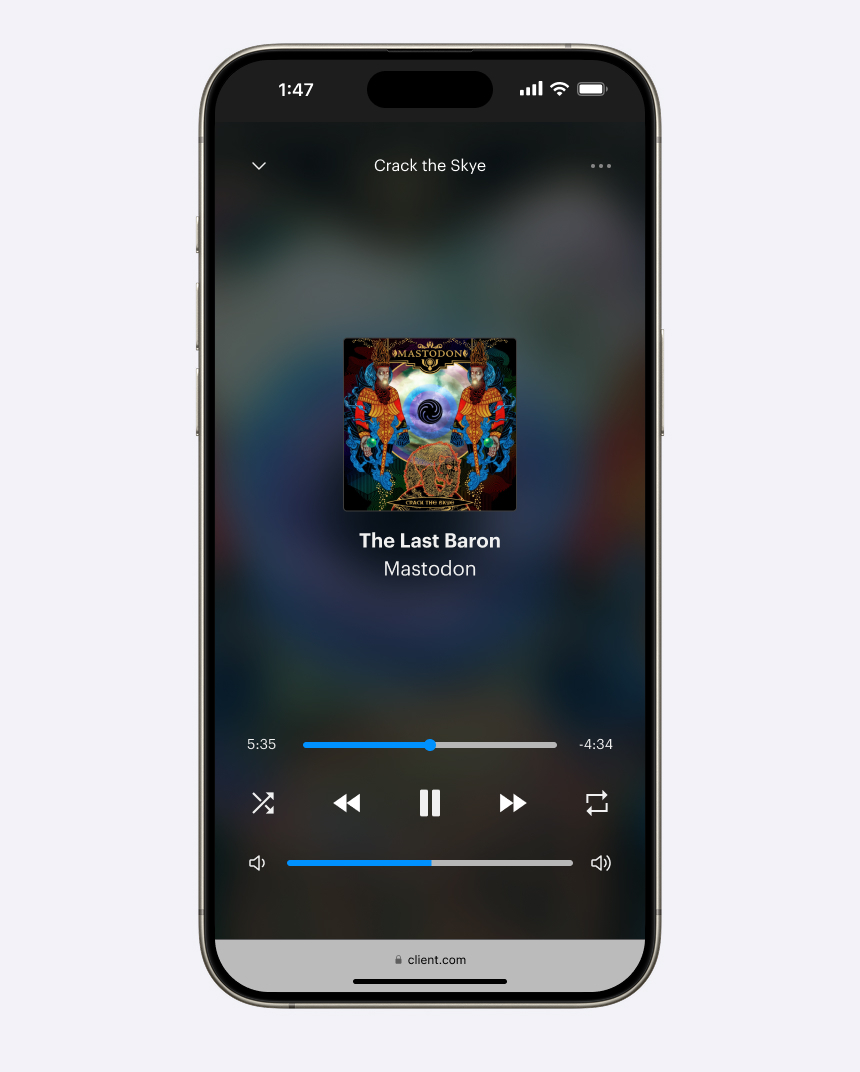 A mockup of a website on an iPhone. The iPhone is in light mode. The mockup is a mini player, with controls for play/pause, next track, previous track, volume, a scrubber, and more.