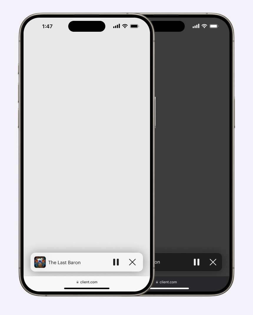 Two iPhone mockups demonstrating the new miniplayer design for iOS 18. One of the screenshots is in light mode and the other is in dark mode. This image differs from the previous because the scroll state has changed, and the browser chrome has minimized.
