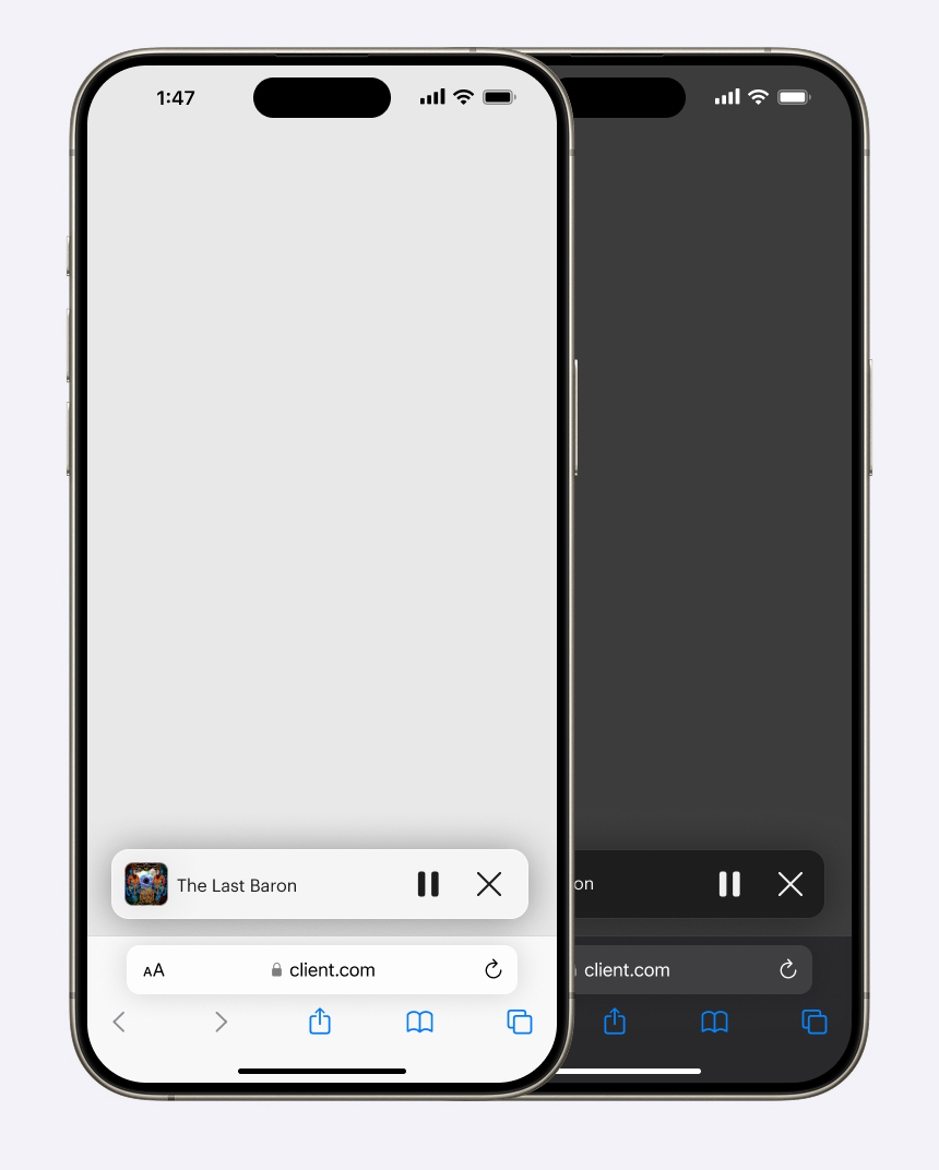 Two iPhone mockups demonstrating the new miniplayer design in Safari on iOS 18. One of the screenshots is in light mode and the other is in dark mode.