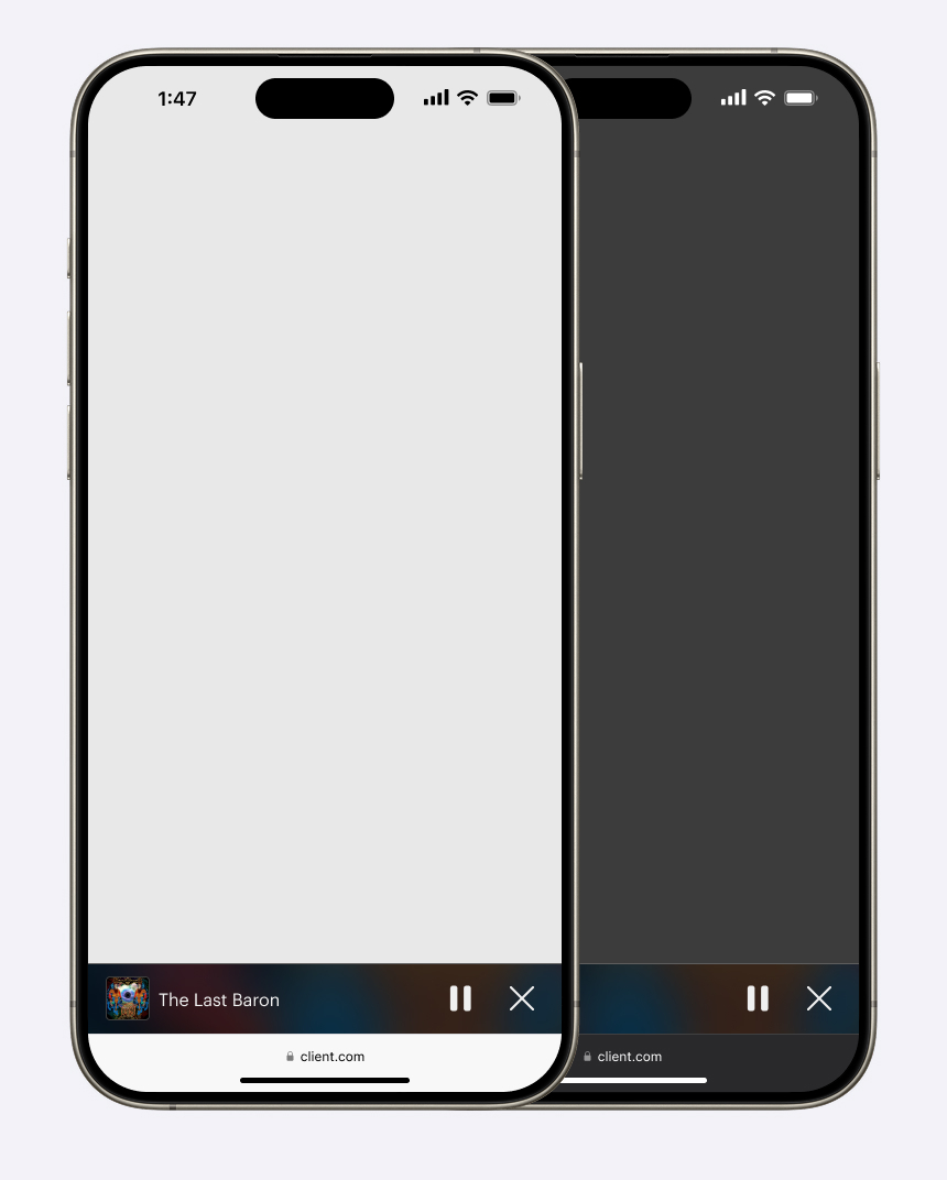 A mockup of two iPhones. One is in light mode and one is in dark mode. Each one includes a screenshot of an audio player on a website with a Pause button, album art, song title, and a Close button. The user has scrolled down in the UI.