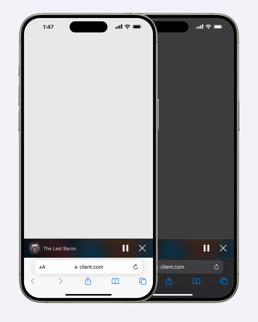 A mockup of two iPhones. One is in light mode and one is in dark mode. Each one includes a screenshot of an audio player on a website with a Pause button, album art, song title, and a Close button. The browser chrome is entirely visible.