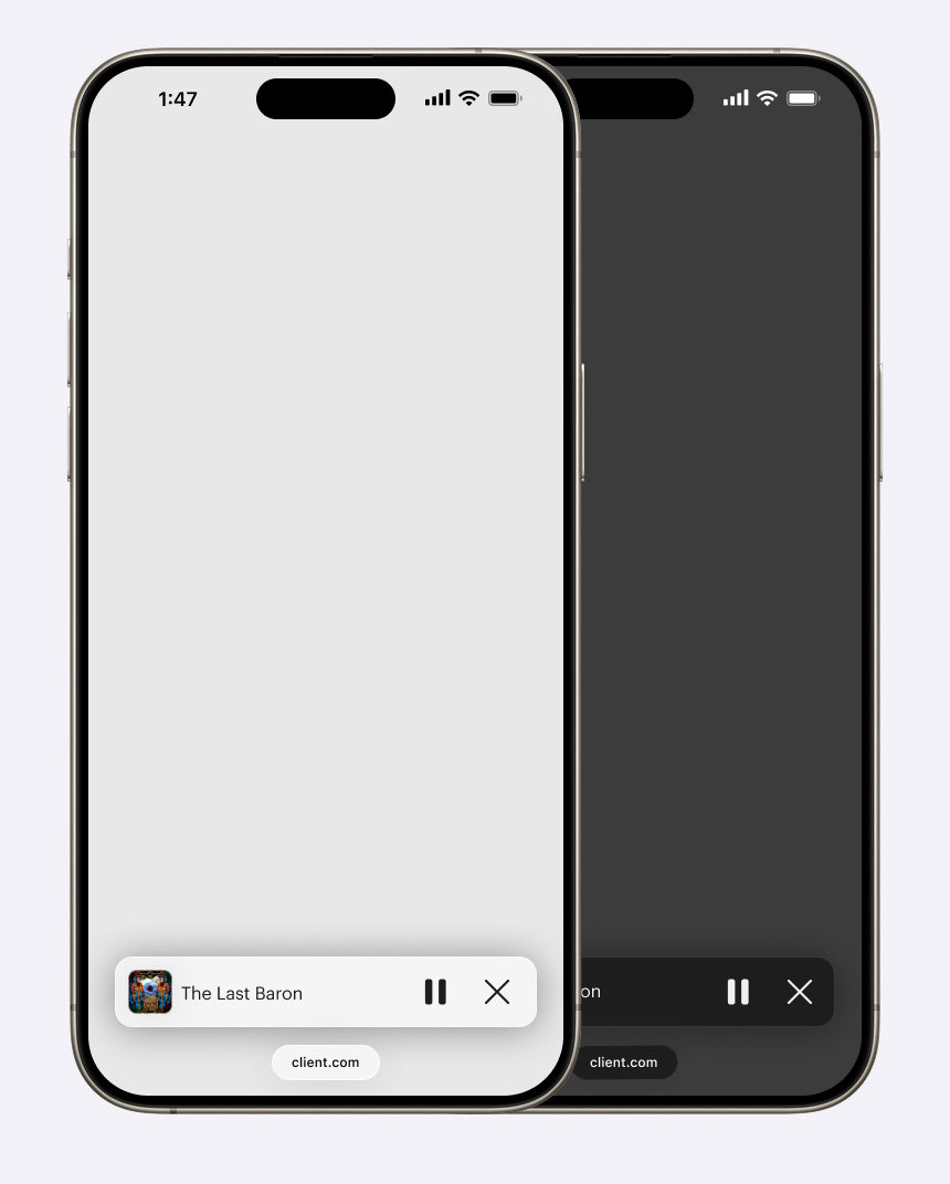 Two iPhone mockups demonstrating a new miniplayer design for iOS 26. One of the screenshots is in light mode and the other is in dark mode. This image differs from the previous because the scroll state has changed, and the browser chrome is much smaller.