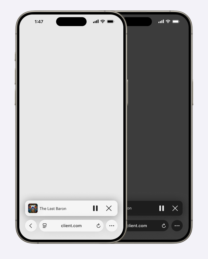 Two iPhone mockups demonstrating a new miniplayer design for iOS 26. One of the screenshots is in light mode and the other is in dark mode.