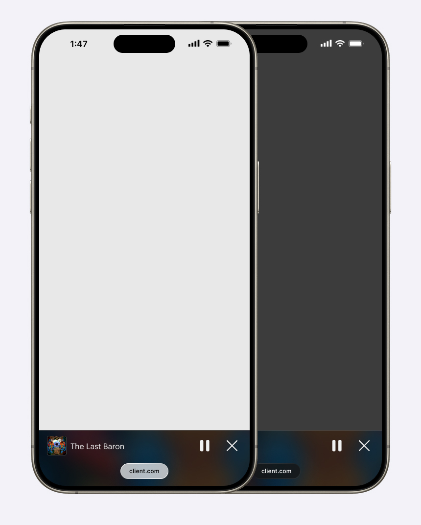 Two iPhone mockups (light mode and dark mode) that demo mockups of a web component in Safari in iOS 26. The rest of the screen is blank.
