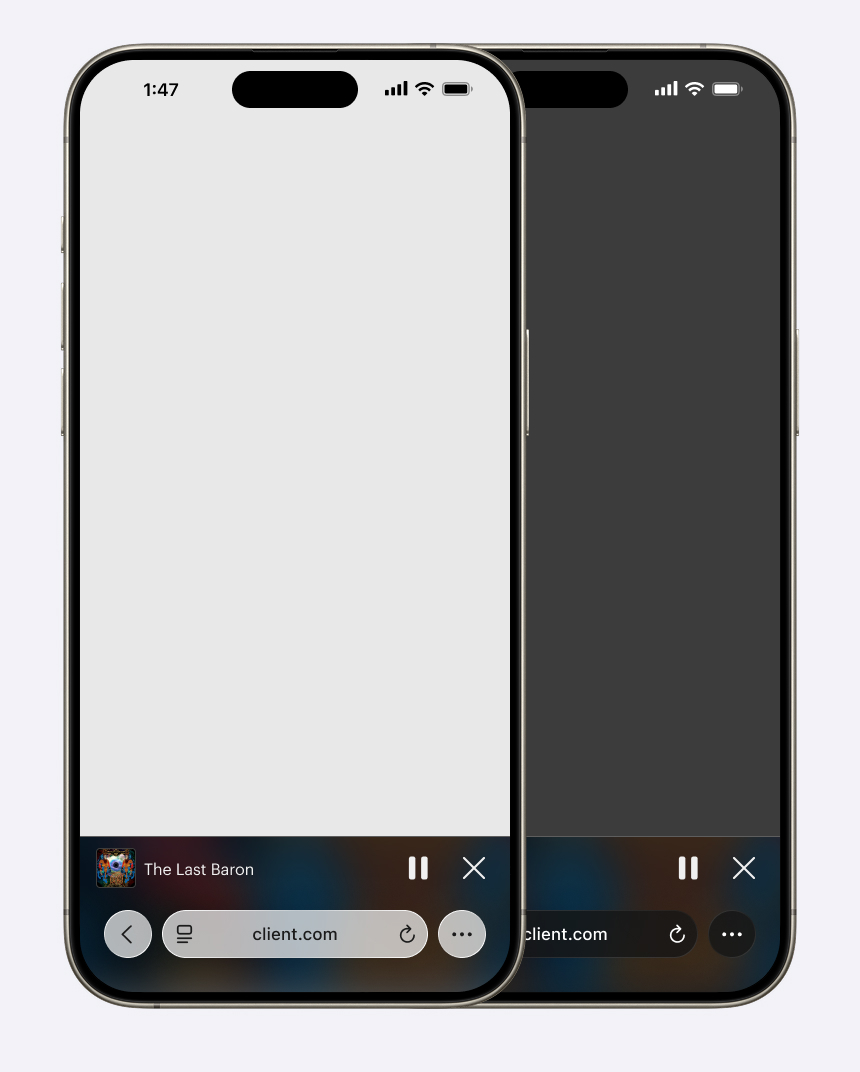 Two iPhone mockups (light mode and dark mode) that demo mockups of a web component in Safari in iOS 26. The rest of the screen is blank.
