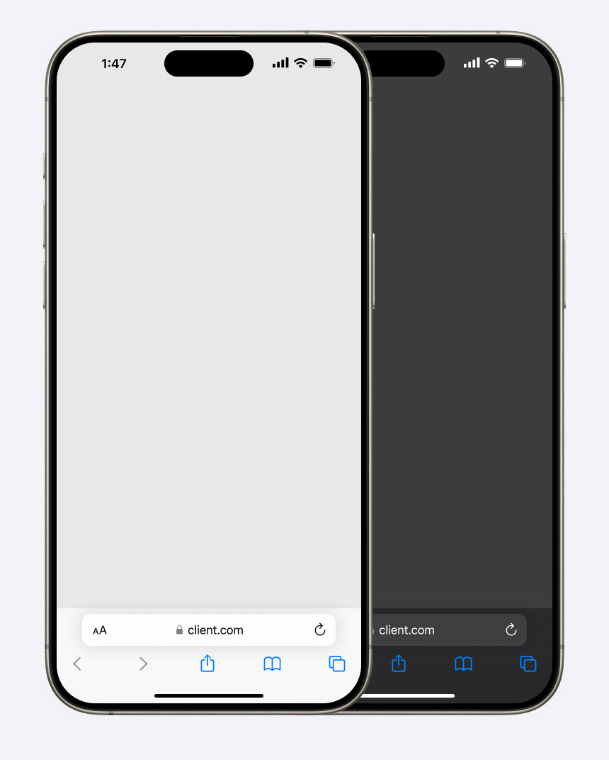 This is a screenshot of the Safari UI in iOS 18 in light mode and dark mode on two iPhones.