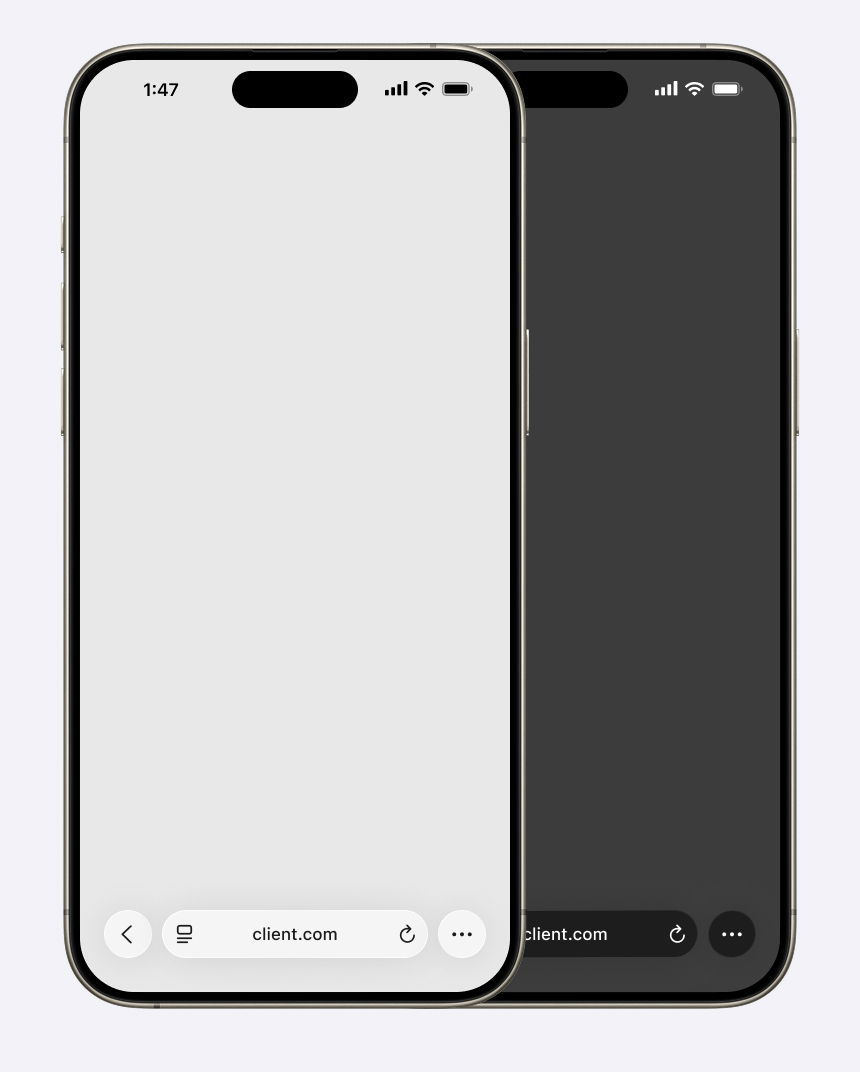 This is a screenshot of the Safari UI in iOS 18 in light mode and dark mode on two iPhones.